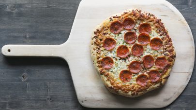 Pepperoni pizza on wood board 4460x4460